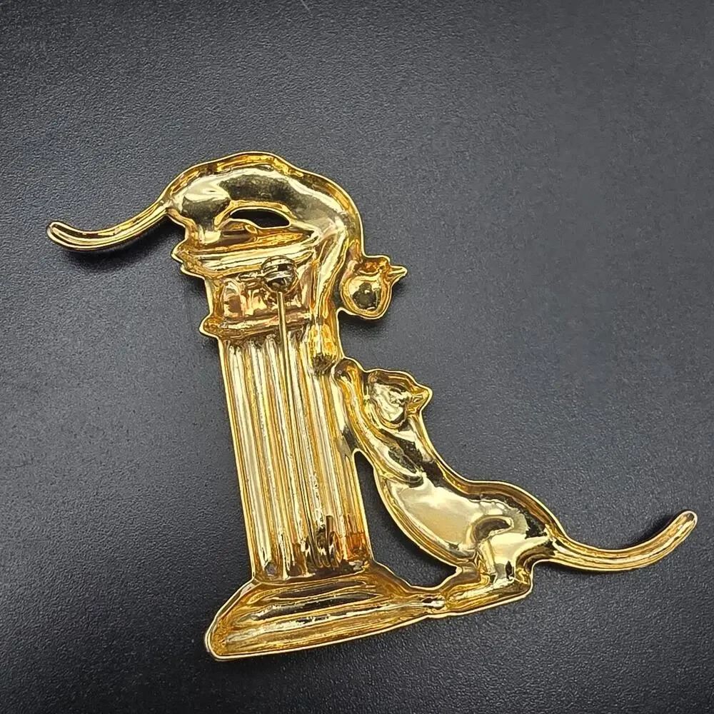 Gold Tone Cat on Pedestal Brooch Vintage Costume Jewelry